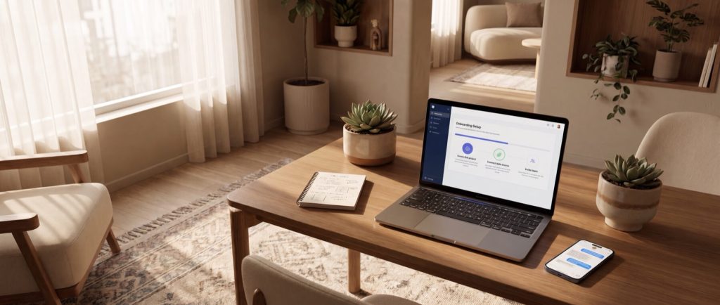 A laptop displaying "Onboarding Setup" and a smartphone on a wooden table in a sunlit room with plants.