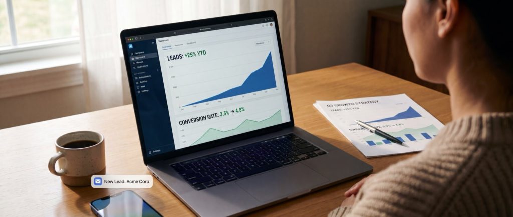 Person viewing laptop displaying graphs of leads and conversion rates. Text: "LEADS: +25% YTD," "CONVERSION RATE: 3.5% +4.8%."