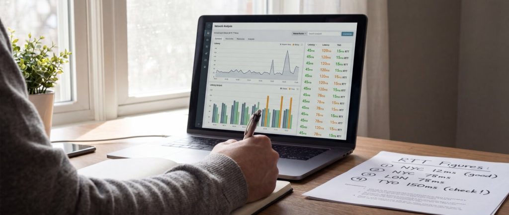 Person analyzing network data on a laptop with graphs and charts, taking notes on paper labeled "RTT Figures: NYC, LON, TYO."