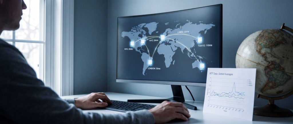 Person using a computer displaying a world map with network latency data; globe and graph paper nearby.
