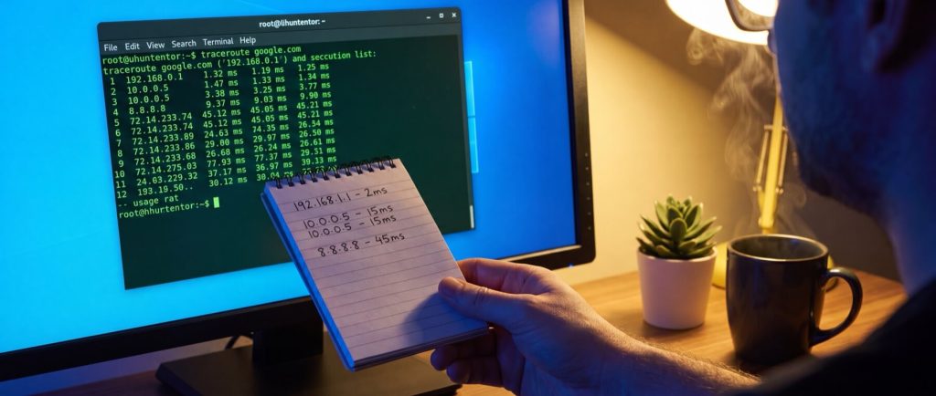 Person analyzing network trace results on a computer screen, holding a notepad with handwritten IP addresses and latency times.