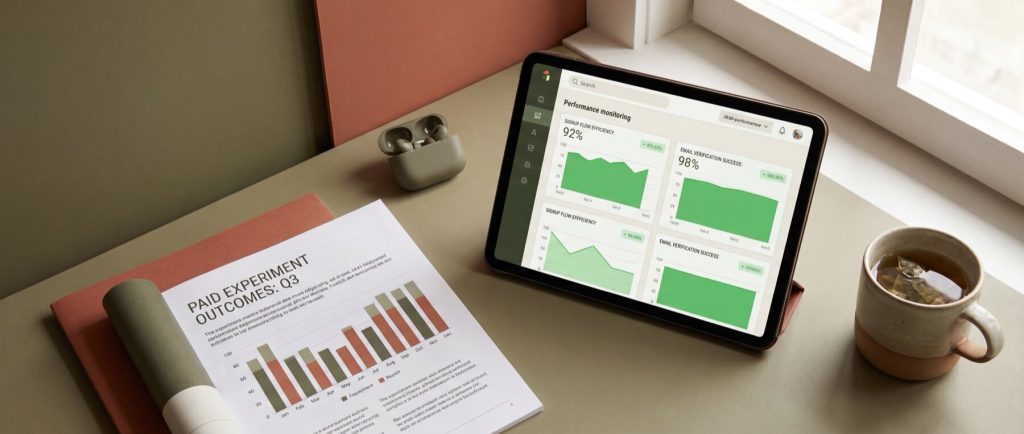 Tablet displaying performance monitoring graphs next to a document titled "PAID EXPERIMENT OUTCOMES: Q3," earbuds, and a cup of tea.