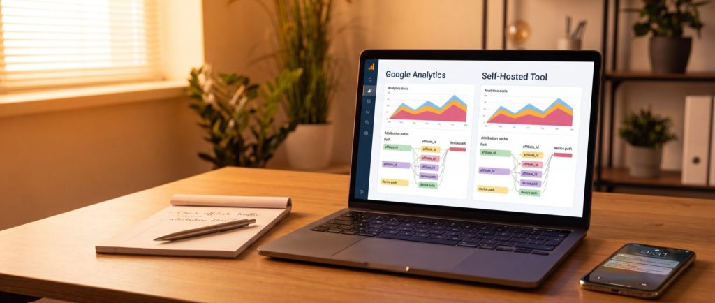 Laptop displaying comparison charts for "Google Analytics" and "Self-Hosted Tool" on a desk with a notebook and smartphone.