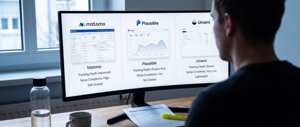 A person views a computer screen displaying analytics platforms: Matomo, Plausible, and Umami, with details on tracking and setup.