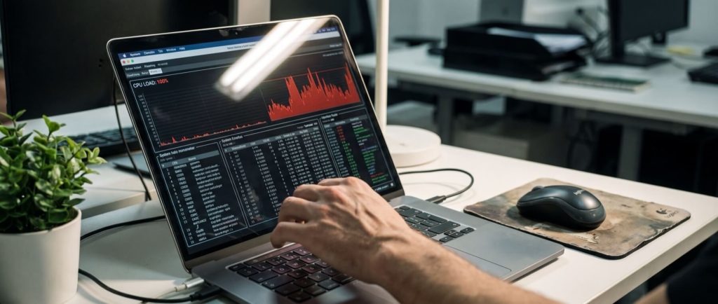 Person analyzing stock market data on a laptop screen, displaying graphs and numbers, at a desk with a plant.