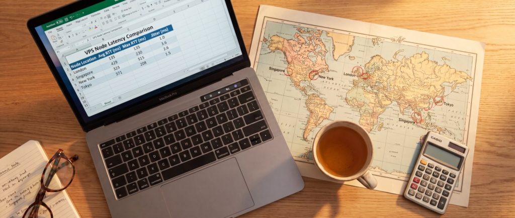 Laptop displaying "VPS Node Latency Comparison" spreadsheet, world map, calculator, glasses, notebook, and cup of tea on wooden desk.
