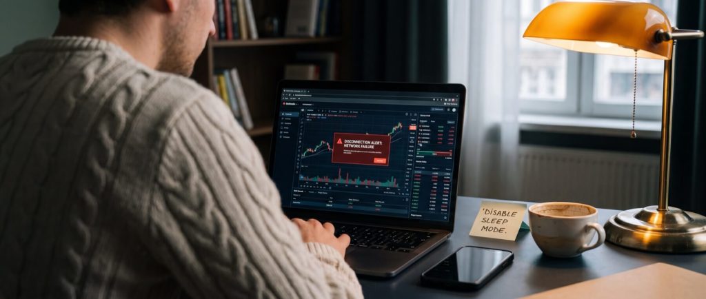 Person in a sweater using a laptop displaying a stock trading platform with an alert. Note reads "DISABLE SLEEP MODE."