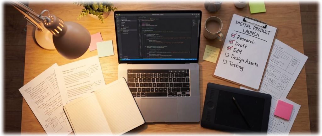 Laptop displaying code, notebook, documents, and checklist titled "DIGITAL PRODUCT LAUNCH" with tasks on a wooden desk.
