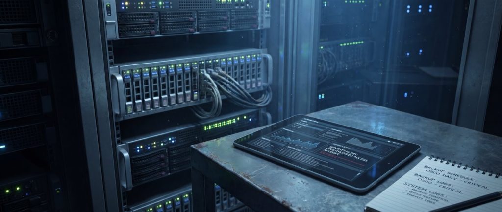 Server room with illuminated racks, a tablet displaying system analytics, and a notepad listing backup schedules on a table.