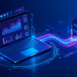 Futuristic laptop and Windows server linked by luminous data streams for Remote Desktop performance.
