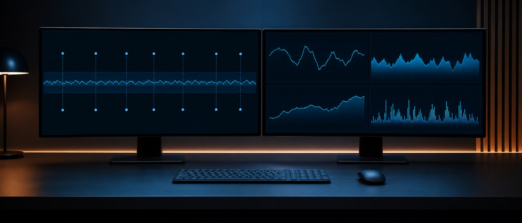 Two clean monitoring screens showing an abstract performance baseline and four resource trends without fabricated values.
