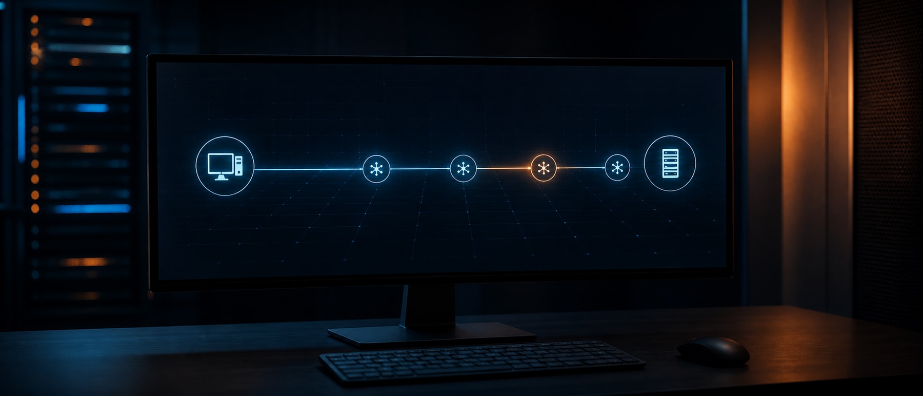 Abstract client-to-server network route with one intermediate segment highlighted for latency investigation.