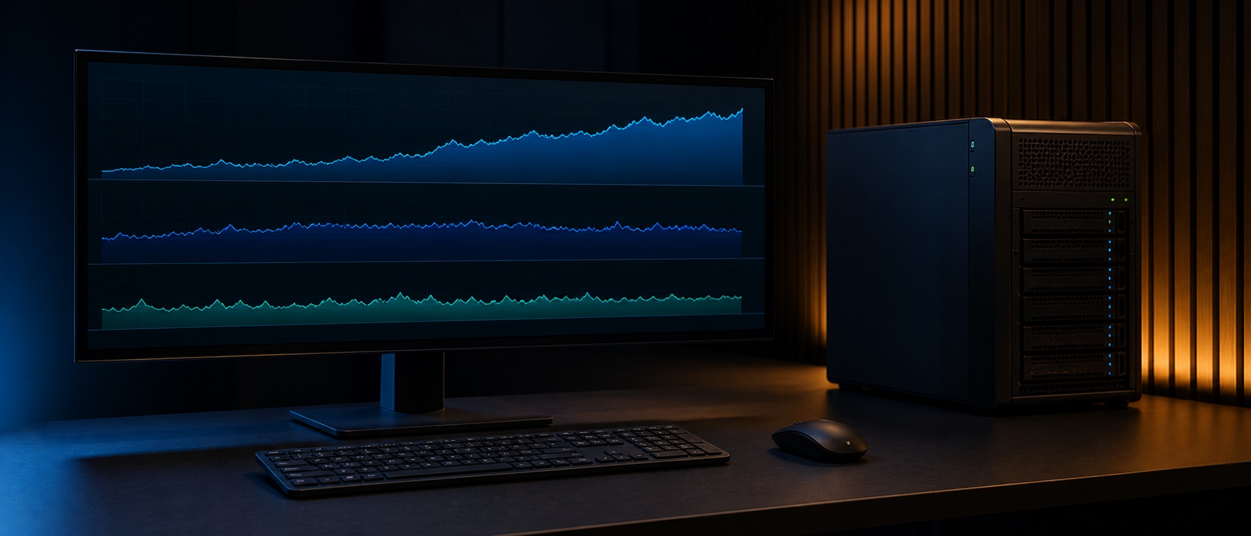 Operations monitor showing three abstract resource traces beside a compact server to illustrate a measured bottleneck.