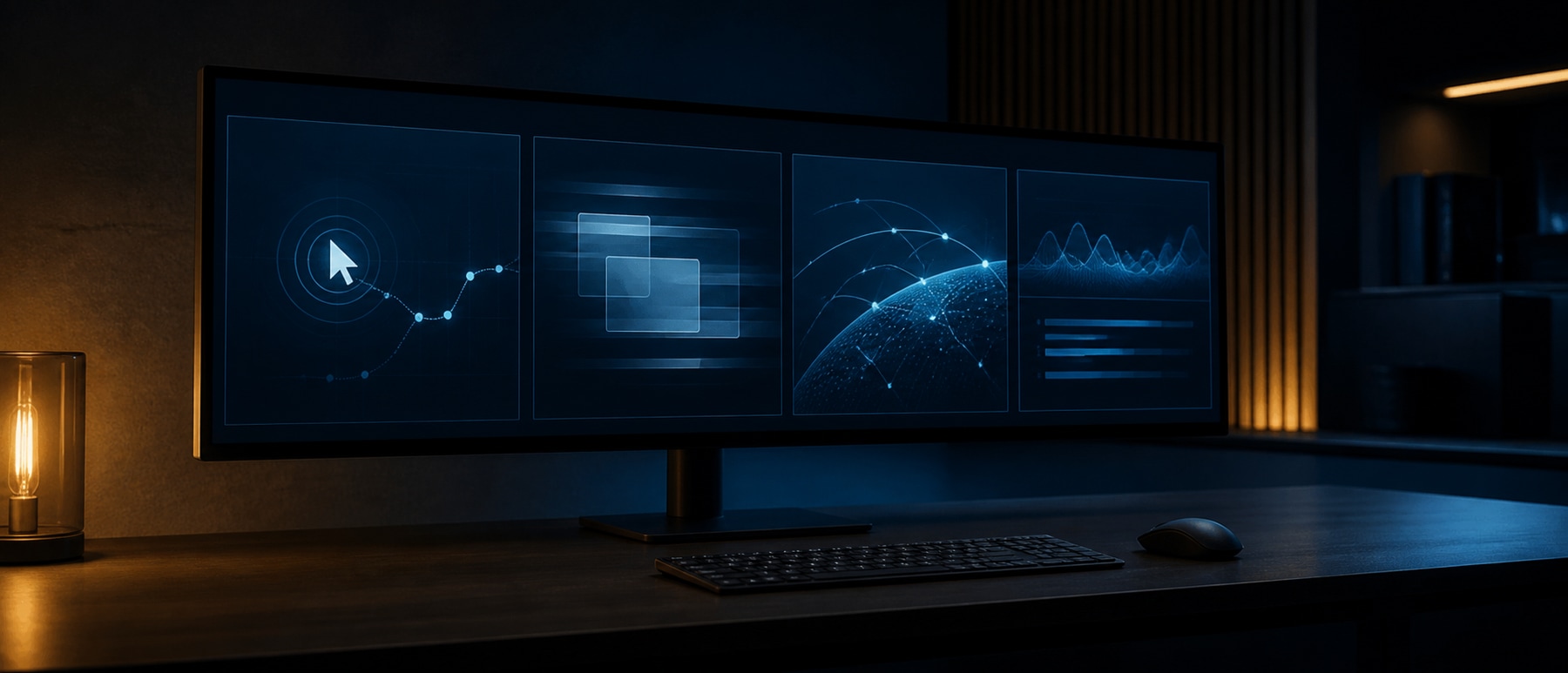Clean remote-work monitor showing four abstract diagnostic views for input response, screen redraw, network path, and server load.