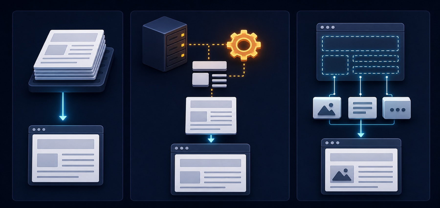 Comparison of static, server-rendered, and client-rendered page delivery