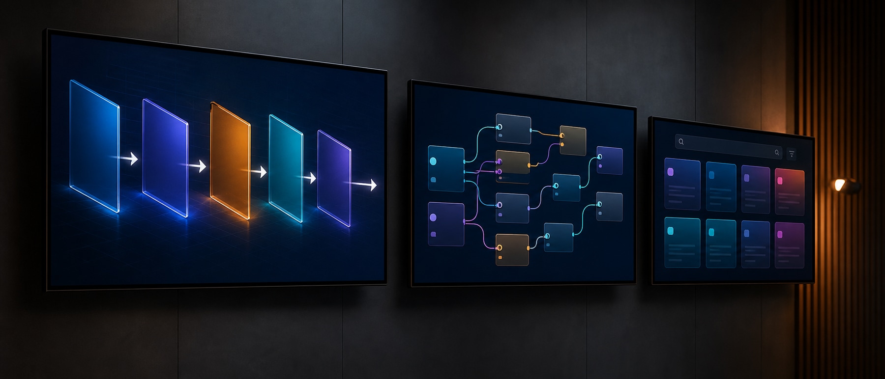 Technical documentation formats shown across three abstract displays