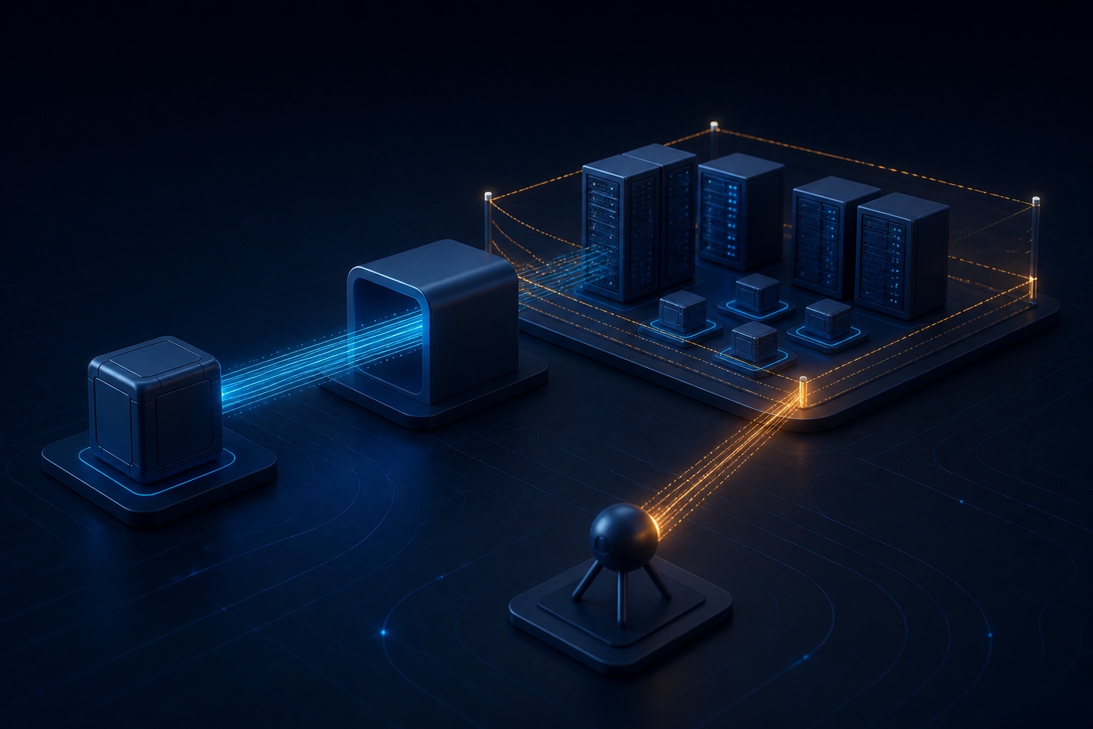 Private VPN path reaching a segmented server enclave while an external probe checks the perimeter