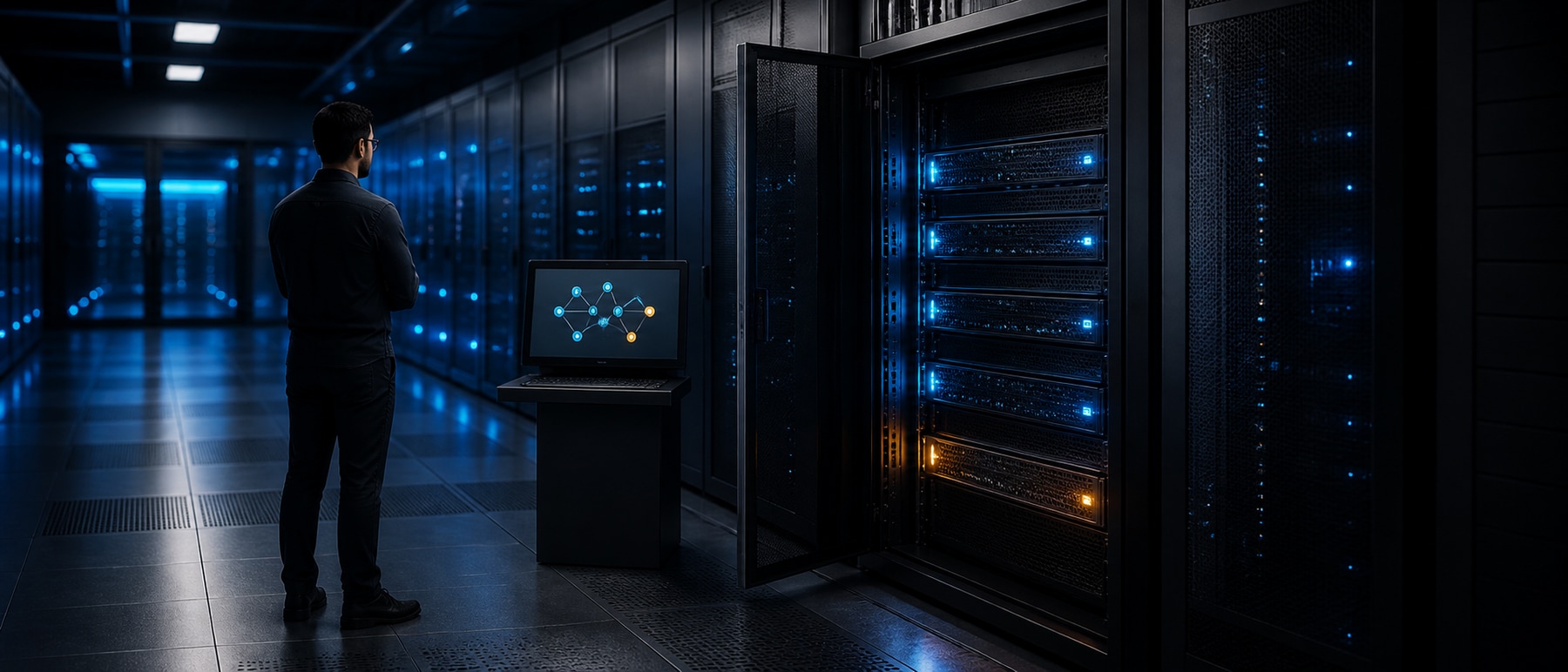 Technician validating a Windows Server deployment in a clean data center