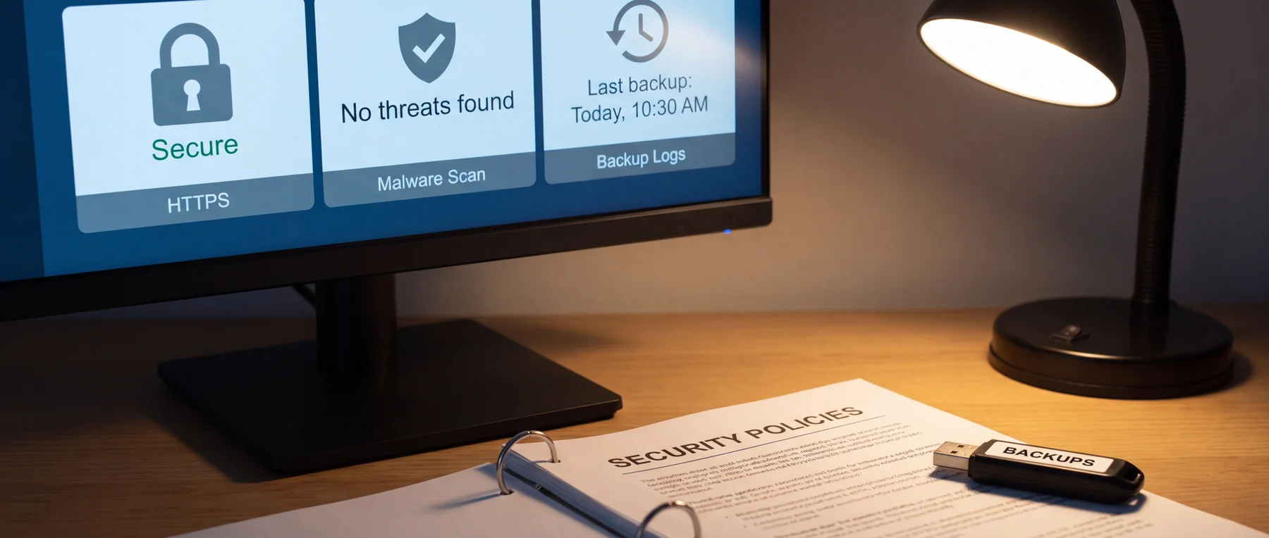 Monitor with HTTPS, malware scan and backup icons above a security policy binder and backup drive