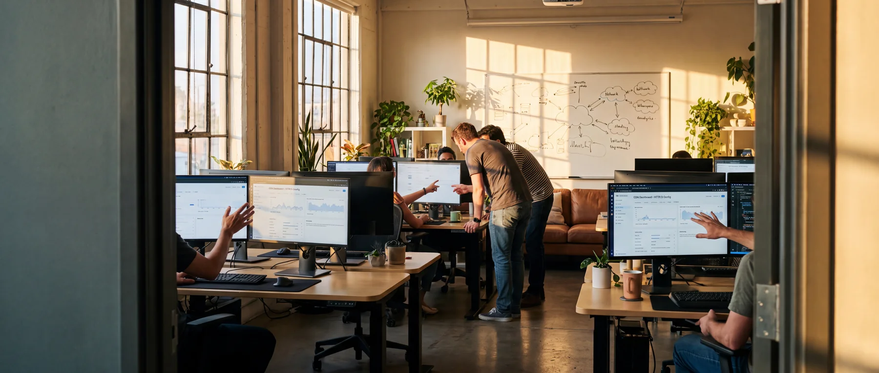 Team reviewing CDN and HTTP/3 dashboards alongside a network planning whiteboard