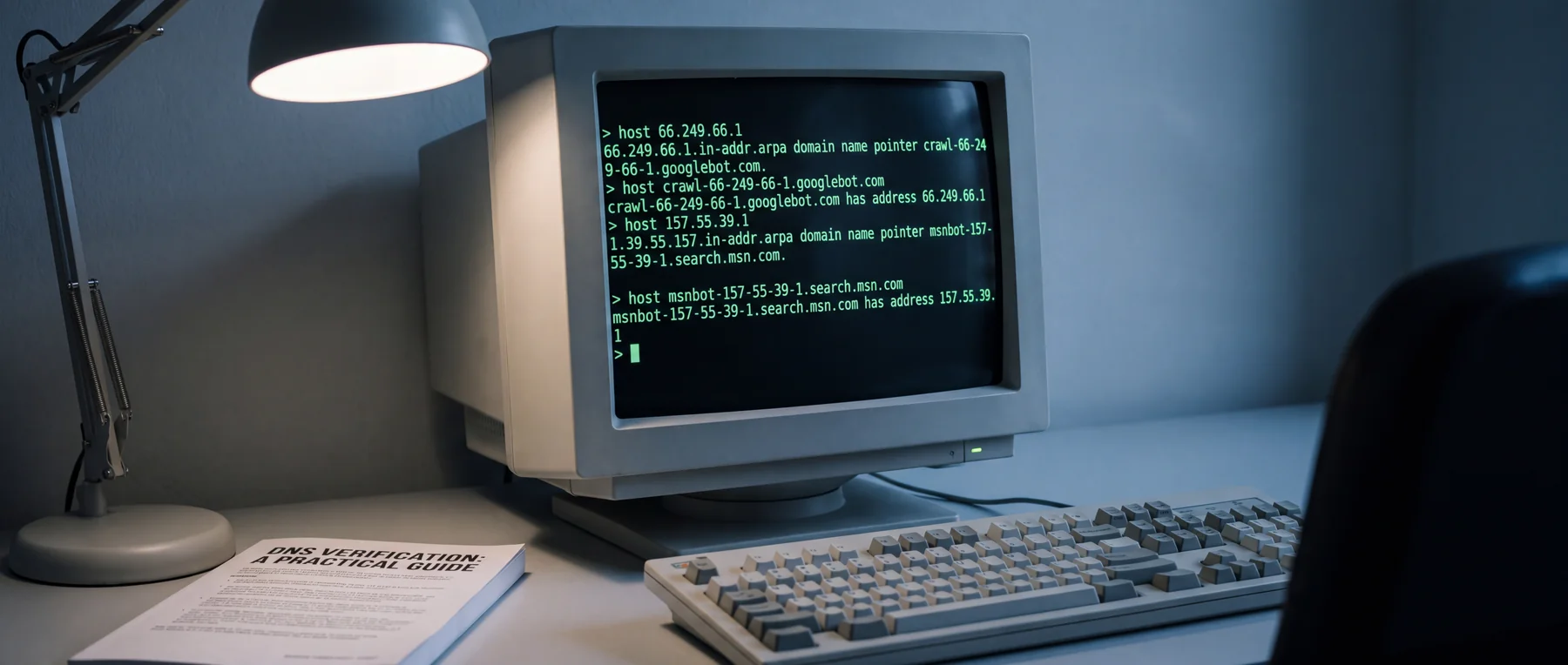 Desktop terminal showing reverse and forward DNS lookups beside a DNS verification guide