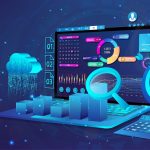 Digital analytics concept with a laptop displaying charts, graphs, and data. Cloud computing and target with arrow depicted.