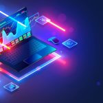 Isometric laptop with a candlestick trading chart and currency symbols