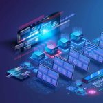 Futuristic digital interface with multiple screens displaying data analytics, graphs, and charts in a virtual environment.