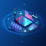 Futuristic digital dashboard with graphs, cloud icon, and humanoid figure on a blue grid background, symbolizing technology and data.