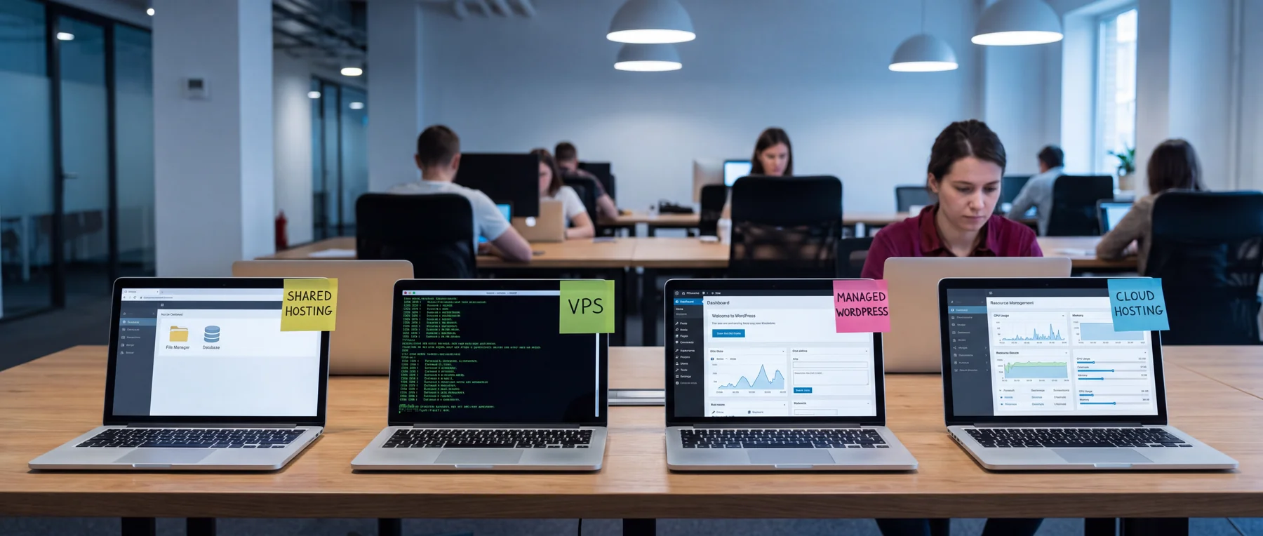 Four laptops labelled shared hosting, VPS, managed WordPress and cloud hosting