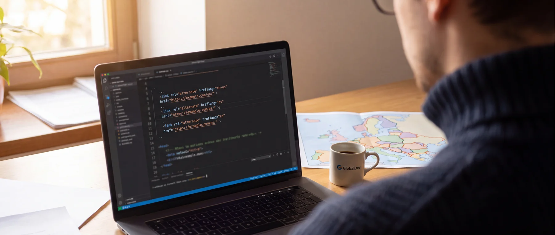 Developer reviewing hreflang annotations beside a regional map