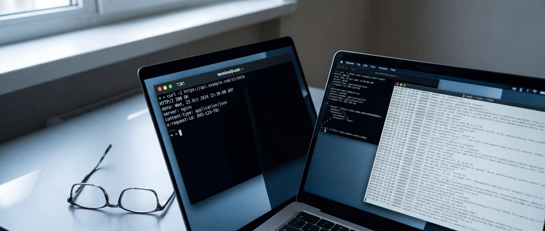 Laptop and tablet displaying HTTP headers and request logs during a website audit