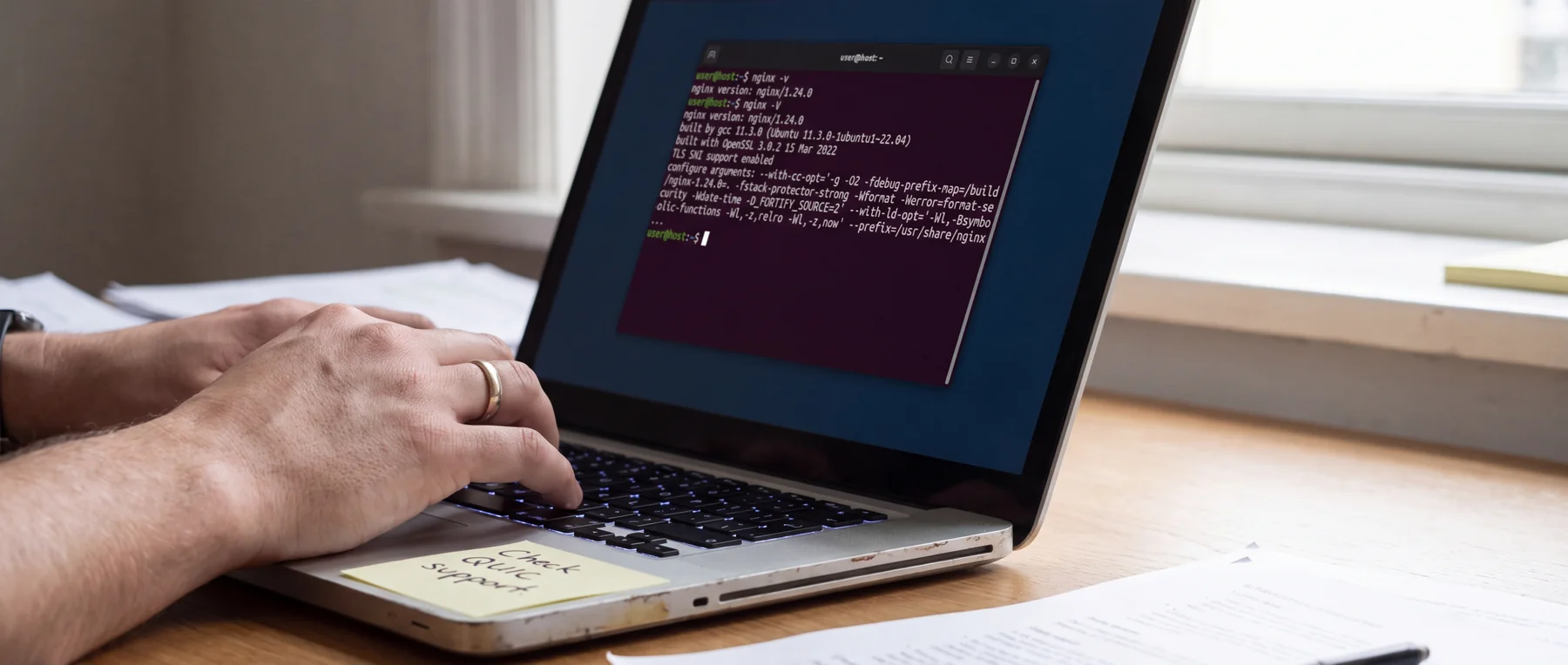 Administrator inspecting an Nginx build in a laptop terminal before configuring HTTP/3