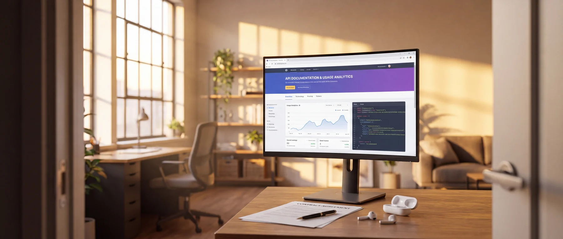 Monitor showing API documentation and a usage panel above a contract document