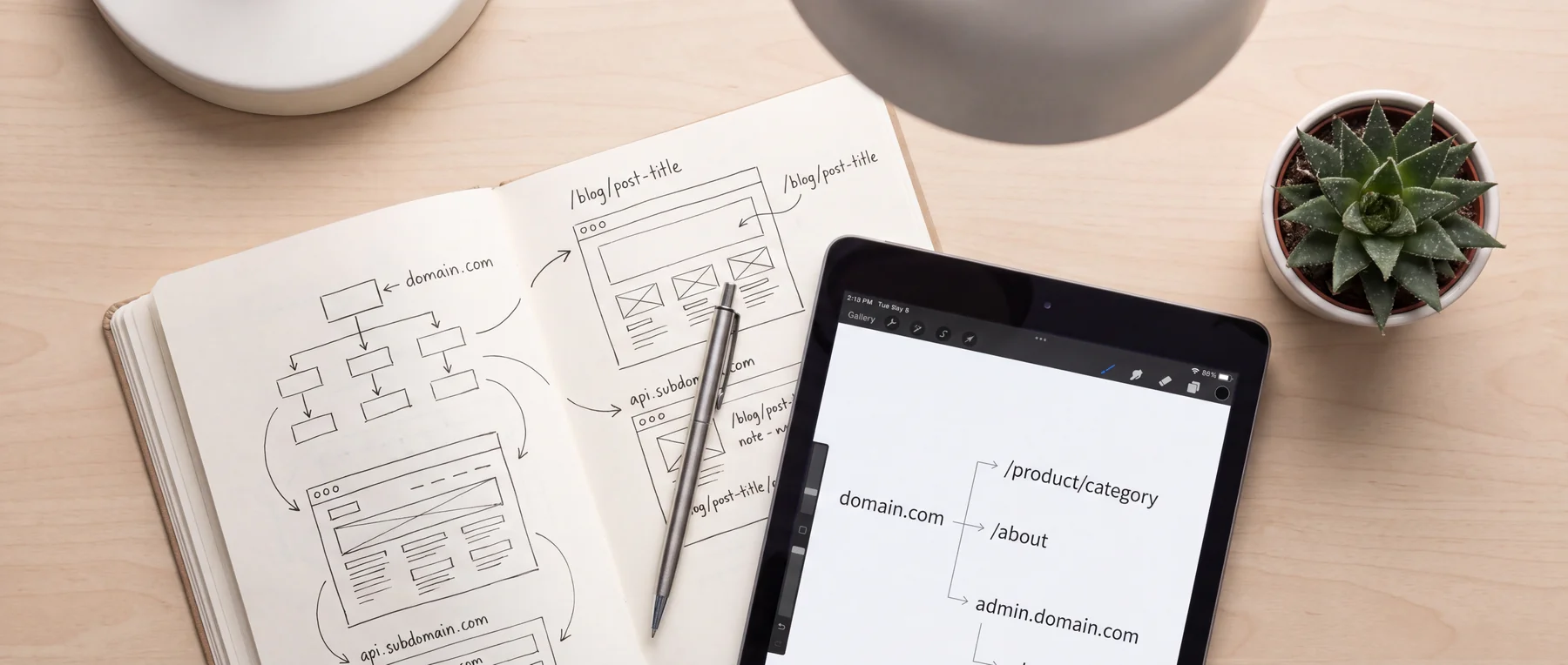 Notebook and tablet sketches for planning website URL structures