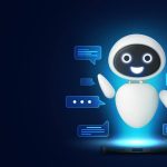 A smiling robot with speech bubbles hovers above a smartphone, symbolizing digital communication and artificial intelligence interaction.