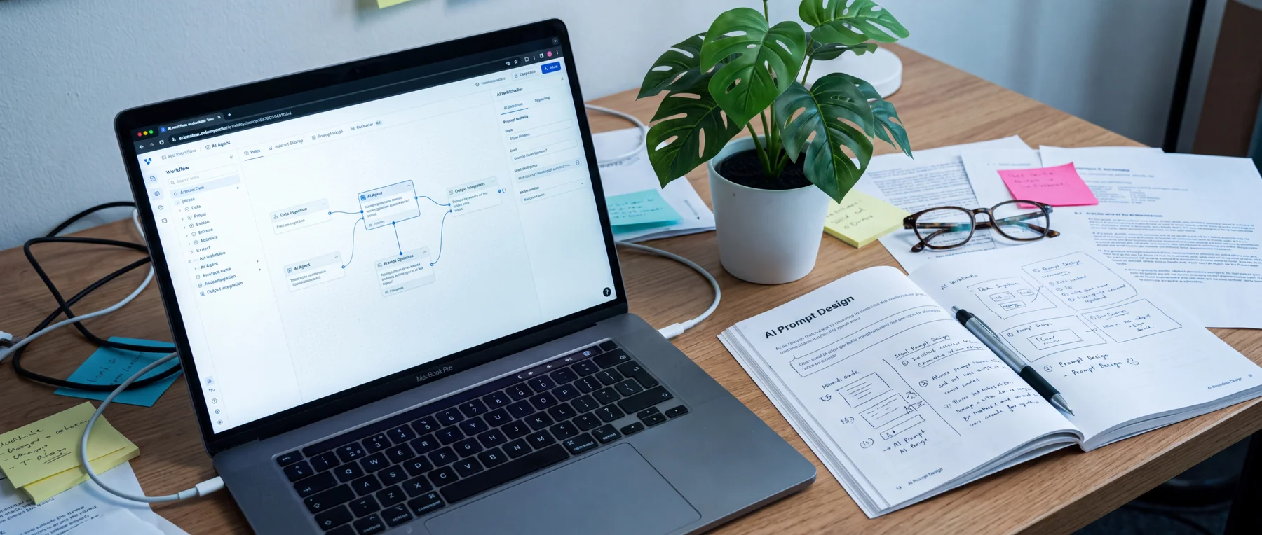 Laptop showing a conversation flow beside an open AI prompt planning notebook