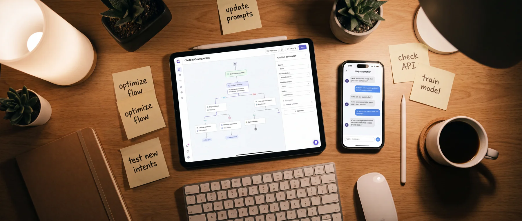 Tablet displaying a chatbot flow beside a phone and handwritten testing reminders