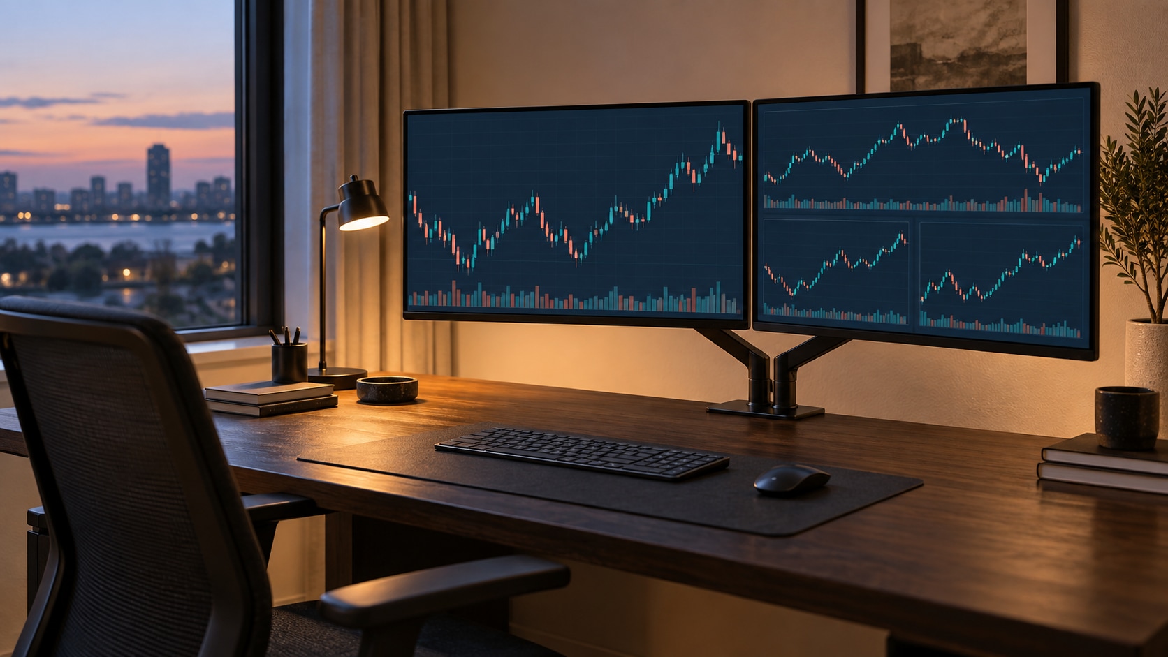 Illustrative dual-monitor trading workspace with several chart panels for planning terminal workloads