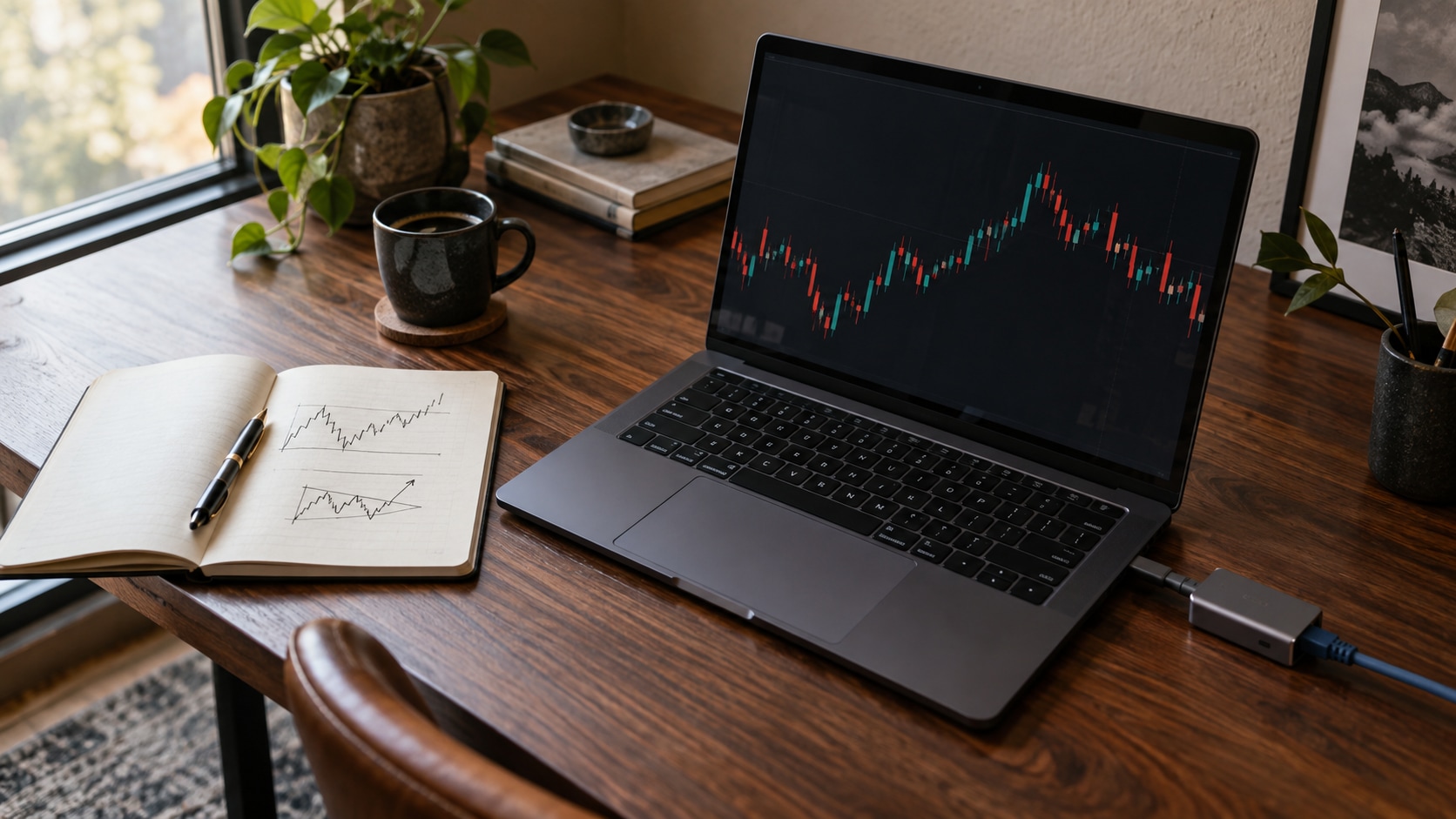 Illustrative trading research workspace with a laptop chart, planning notebook and wired network connection