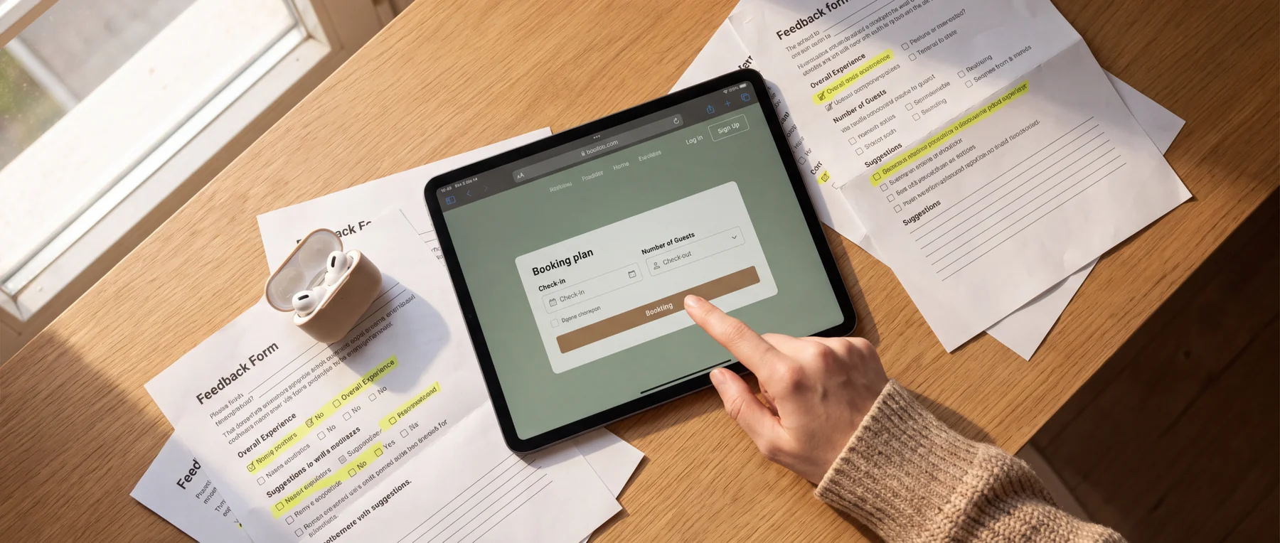Hand testing a booking form on a tablet beside printed feedback sheets