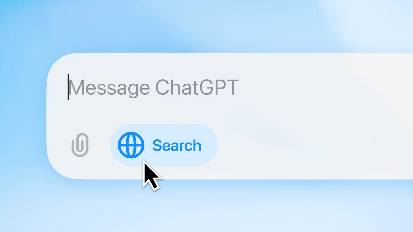 Text input field with "Message ChatGPT" and a cursor clicking a blue "Search" button with a globe icon.