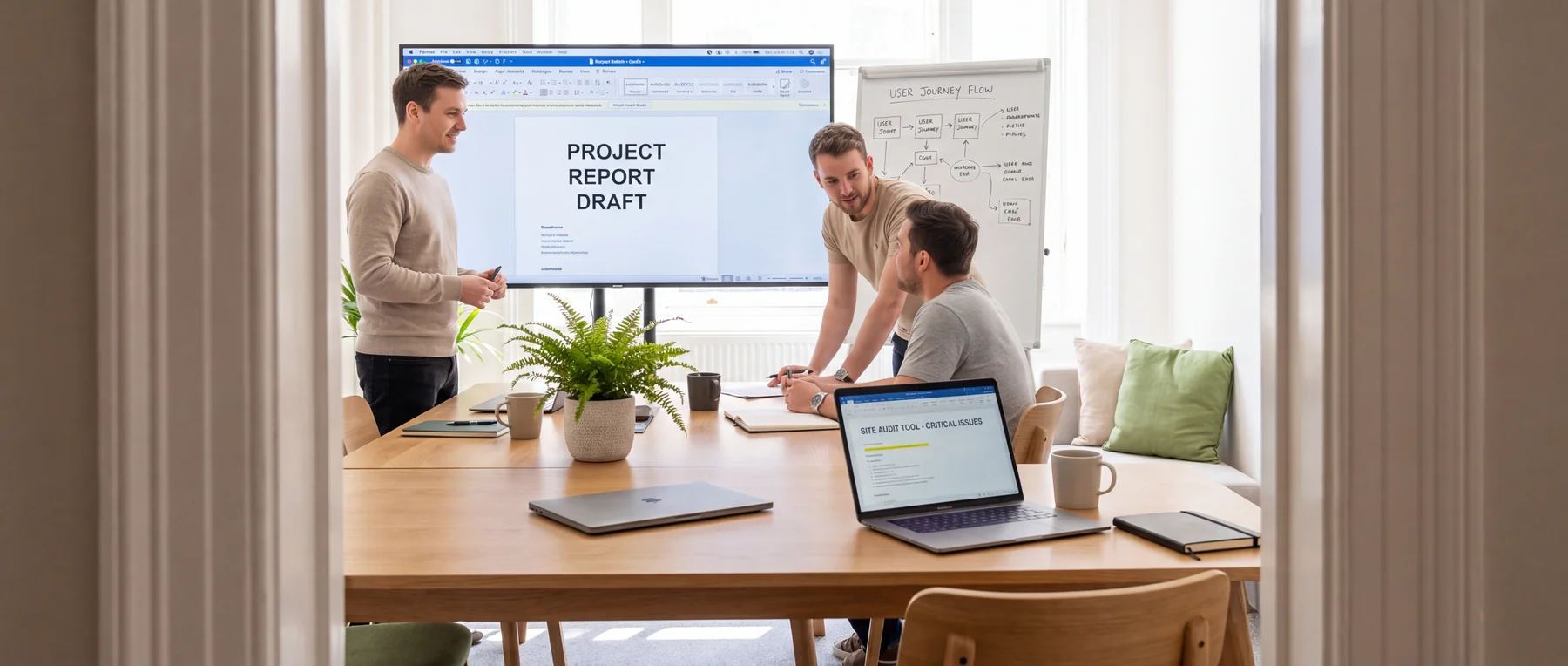 Three colleagues reviewing a project report beside a user-journey whiteboard