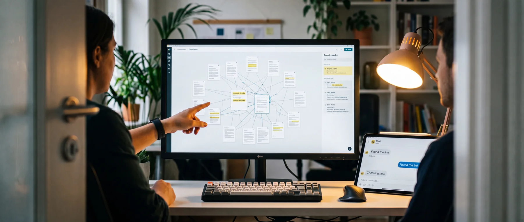 Two colleagues reviewing a network of linked documents on a monitor