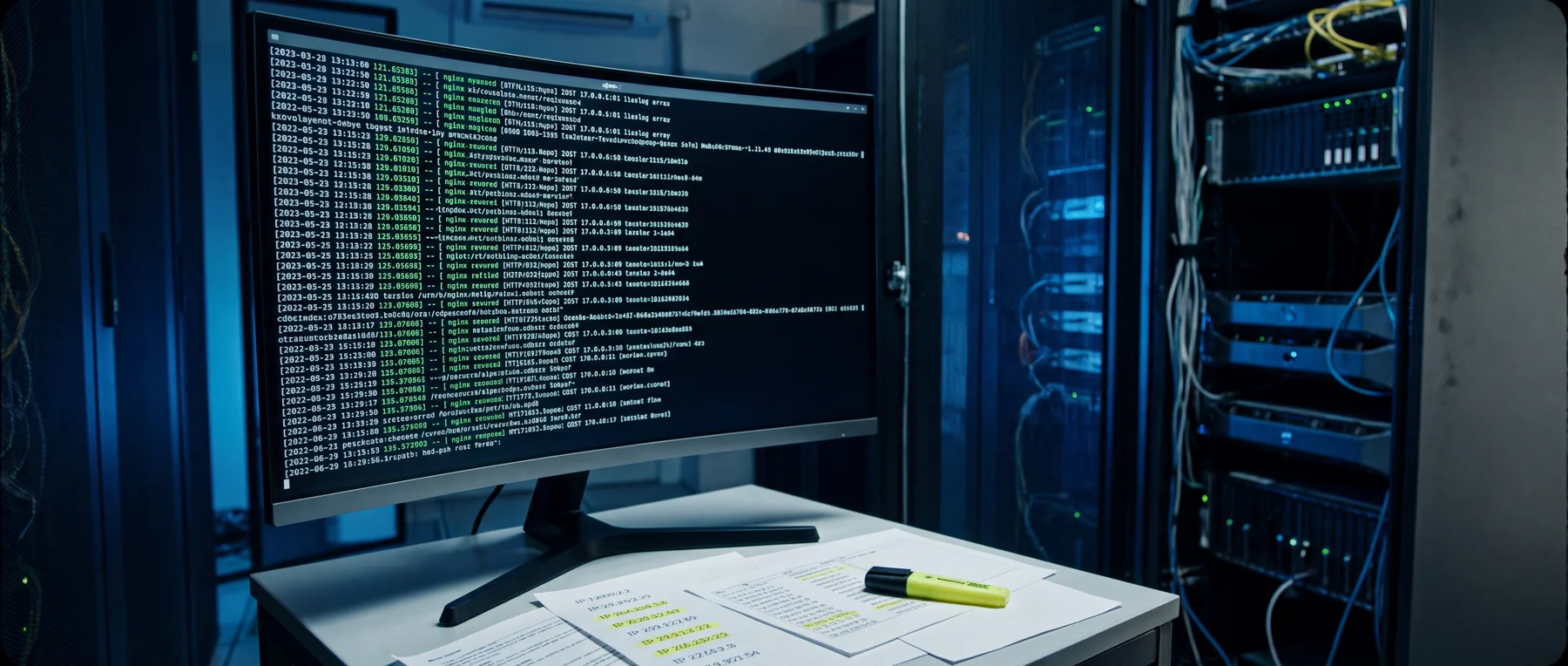 A monitor filled with log-like text beside server racks and printed notes