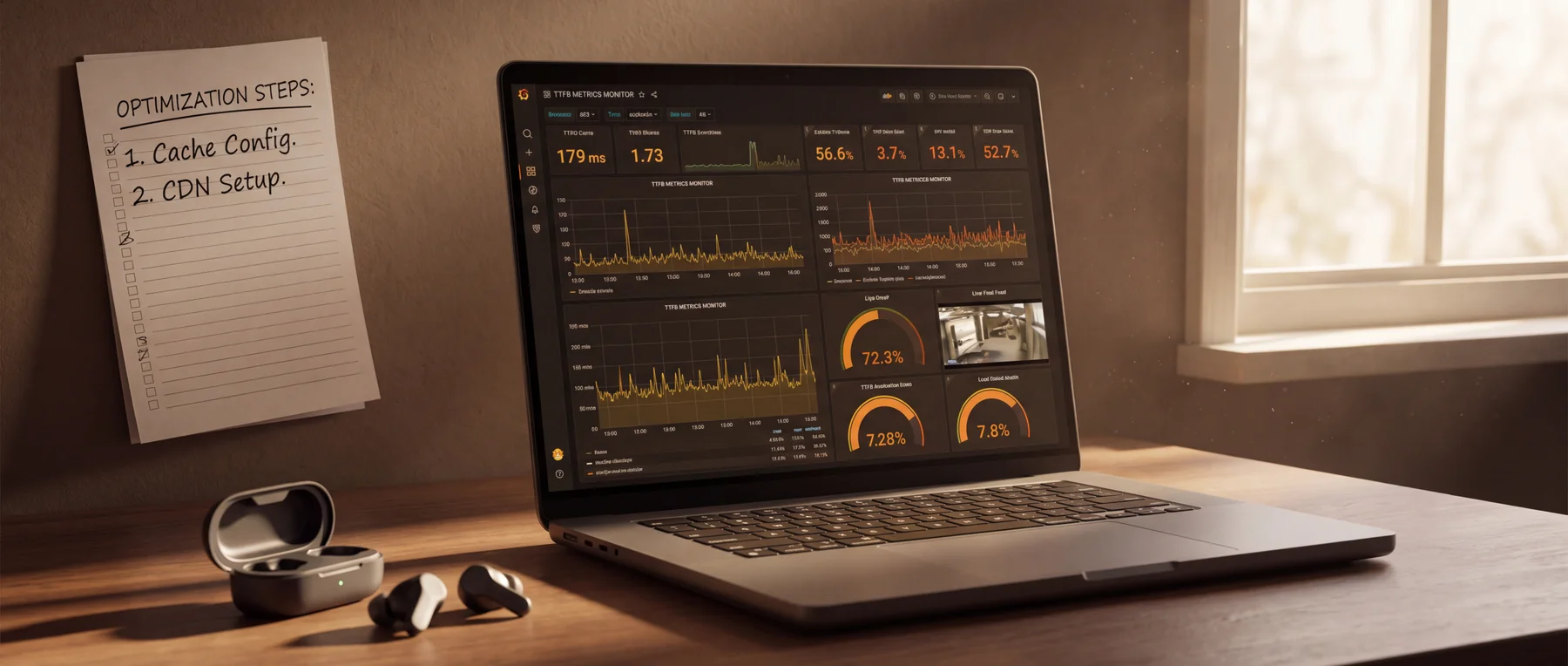 A laptop displaying monitoring charts beside a handwritten cache and CDN checklist