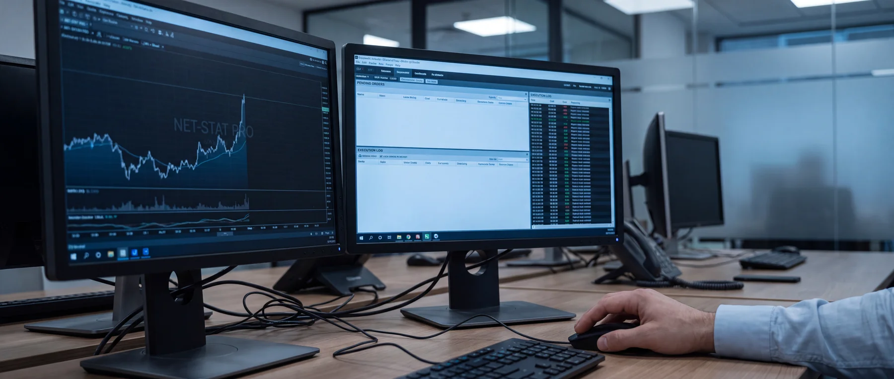 Two workstation monitors showing a line chart and an order-log interface