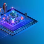 Futuristic digital landscape with holographic AI structures, robots, and glowing elements on a blue background.
