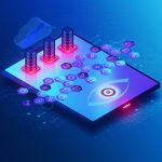 Futuristic digital tablet with glowing icons, cloud, and server towers, representing technology and data management in a blue theme.