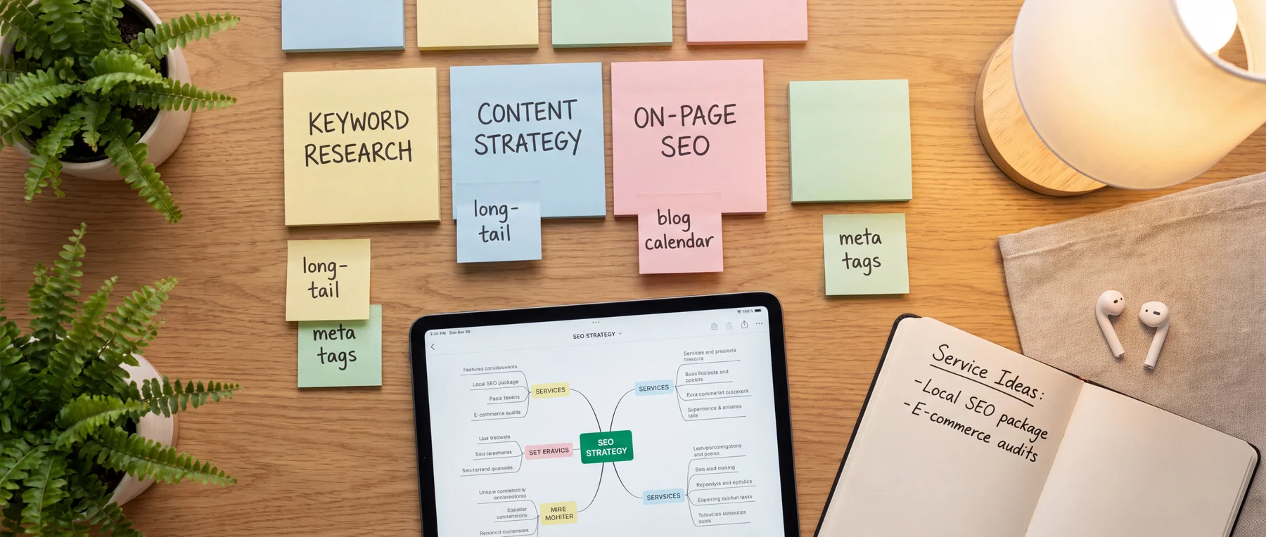 Overhead view of keyword research, content strategy and on-page SEO notes beside a tablet and service notebook